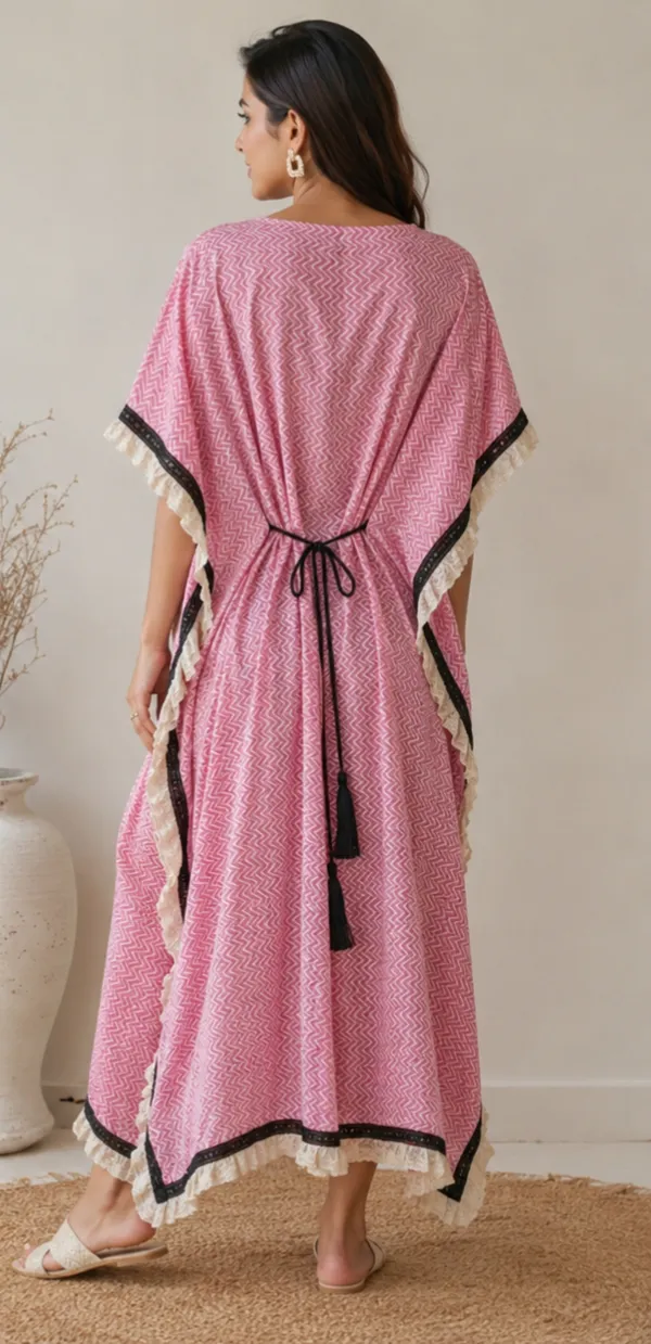 Pink_Chevron_Print_Cotton_Kaftan_Dress_With_Tassel_Trim_For_Women