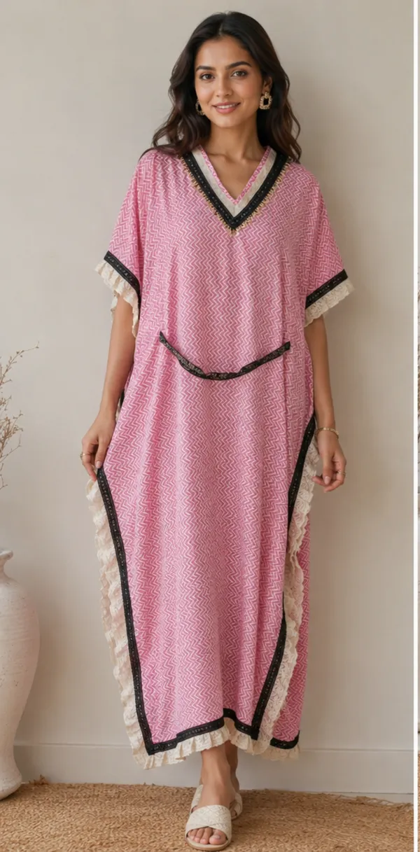 Pink_Chevron_Print_Cotton_Kaftan_Dress_With_Tassel_Trim_For_Women