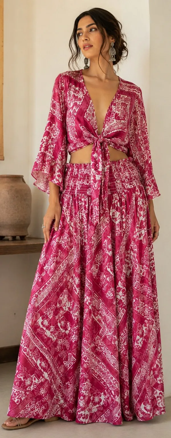 Pink_Printed_Cotton_Co-Ord_Set_With_Wrap_Top_And_Skirt_For_Women