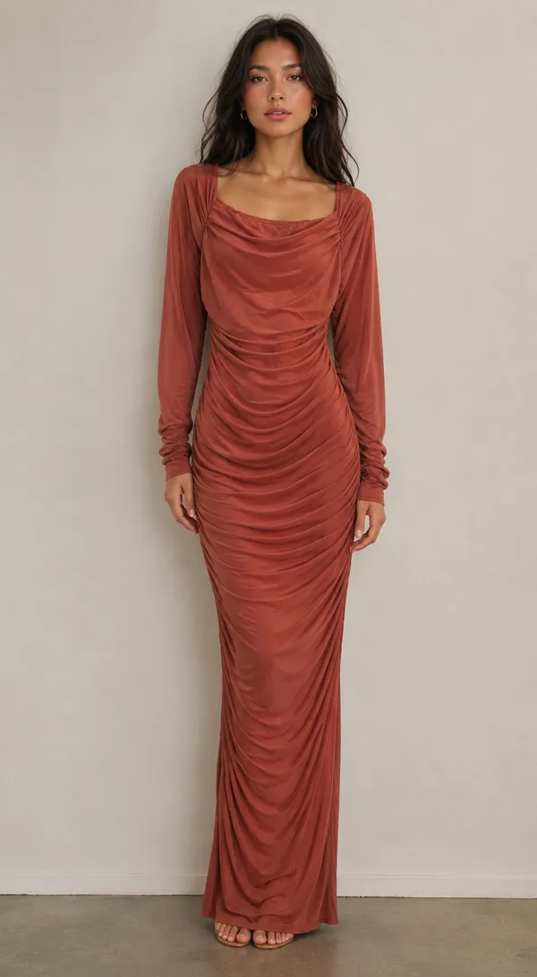 ANOVYAA THE LABEL(TM) Dusty Rose Draped Bodycon Dress With Long Sleeves For Women Price in India