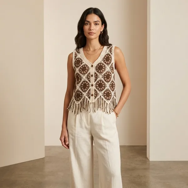 Brown_White_Crochet_Sleeveless_Top_With_Fringe_Detail_For_Women