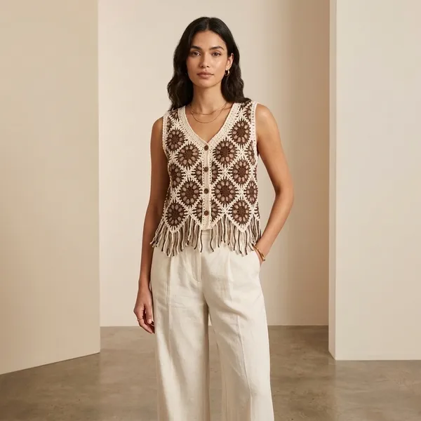 Brown_White_Crochet_Sleeveless_Top_With_Fringe_Detail_For_Women