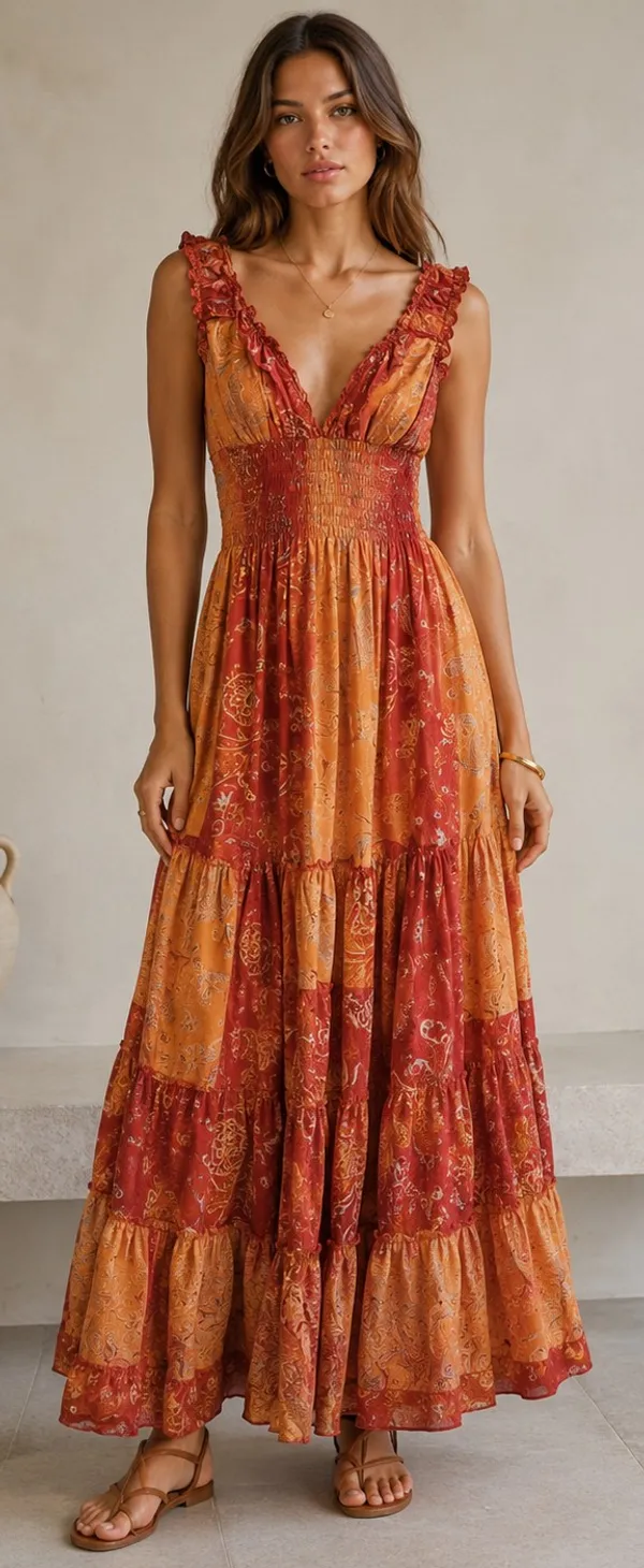 Rust_Orange_Paisley_Print_Smocked_Maxi_Dress_For_Women