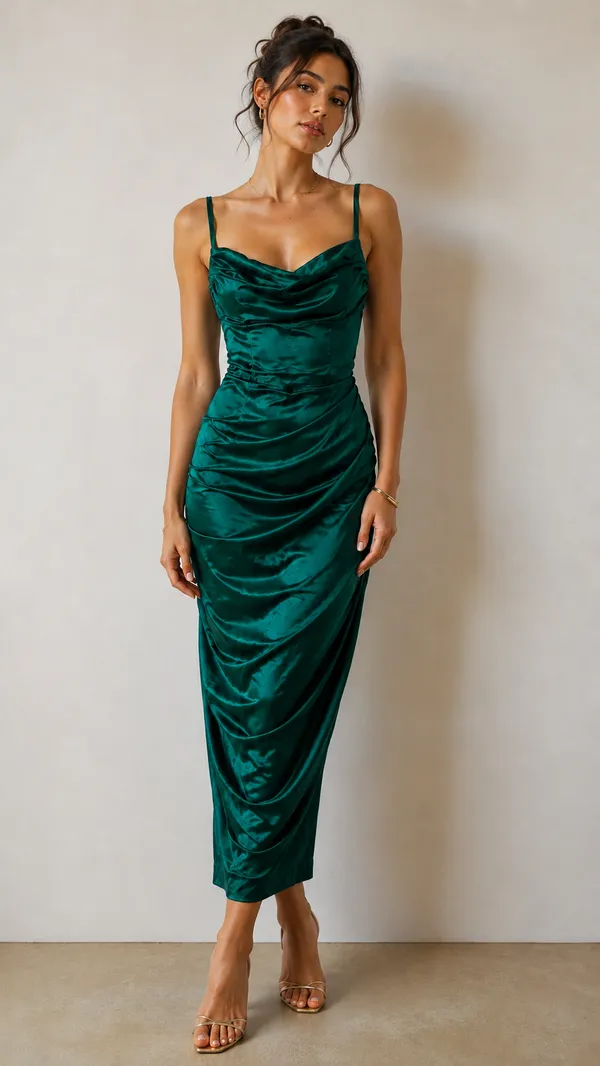 Emerald_Green_Satin_Ruched_Bodycon_Dress_For_Women