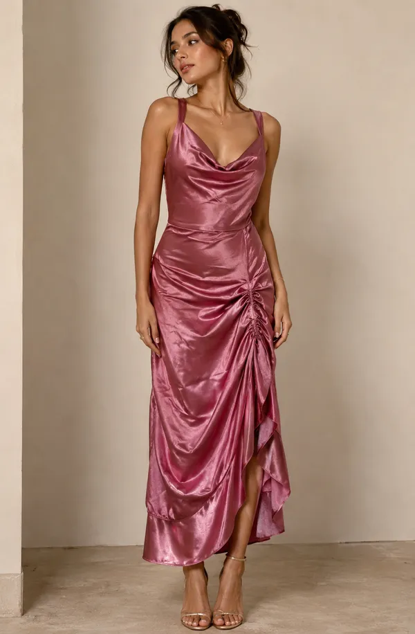 Pink_Satin_Halter_Neck_Ruched_Bodycon_Dress_For_Women