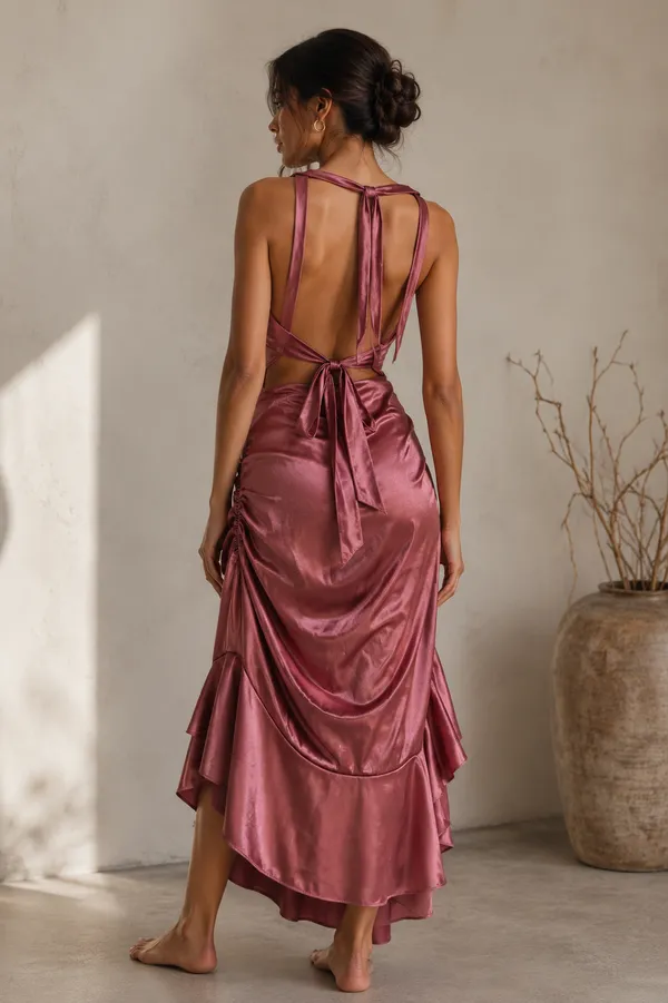Pink_Satin_Halter_Neck_Ruched_Bodycon_Dress_For_Women