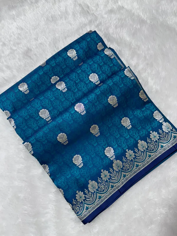Premium_Firozi_Katan_Banarasi_Silk_Saree_With_Silver_Zari_Floral_Buta_Traditional_Wedding_Festive_Wear