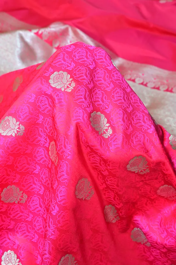 Premium_Rani_Katan_Banarasi_Silk_Saree_With_Silver_Zari_Floral_Buta_Traditional_Wedding_Festive_Wear