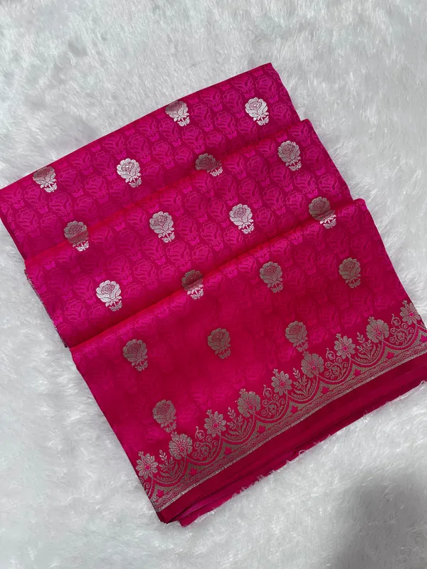 Premium_Rani_Katan_Banarasi_Silk_Saree_With_Silver_Zari_Floral_Buta_Traditional_Wedding_Festive_Wear