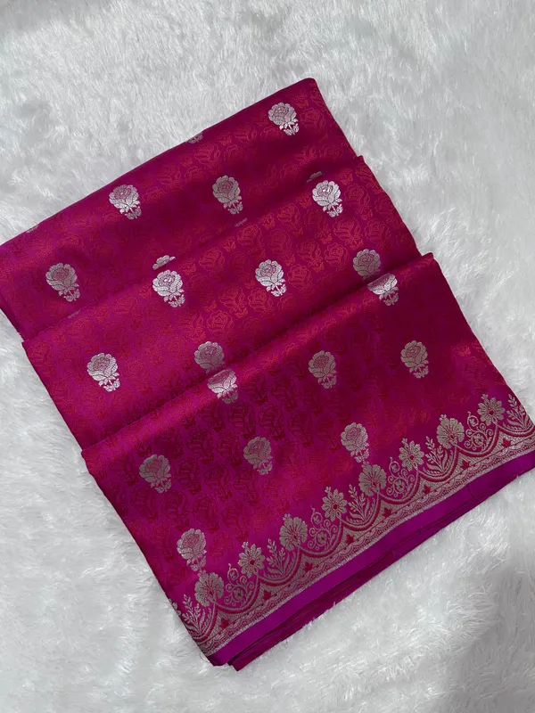 Premium_Rose_Pink_Katan_Banarasi_Silk_Saree_With_Silver_Zari_Floral_Buta_Traditional_Wedding_Festive_Wear