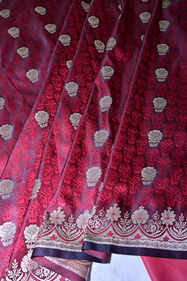 Premium_Deep_Wine_Katan_Banarasi_Silk_Saree_With_Silver_Zari_Floral_Buta_Traditional_Wedding_Festive_Wear