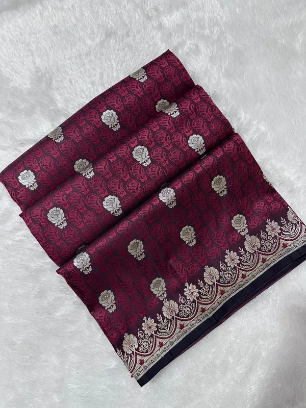 Premium_Deep_Wine_Katan_Banarasi_Silk_Saree_With_Silver_Zari_Floral_Buta_Traditional_Wedding_Festive_Wear
