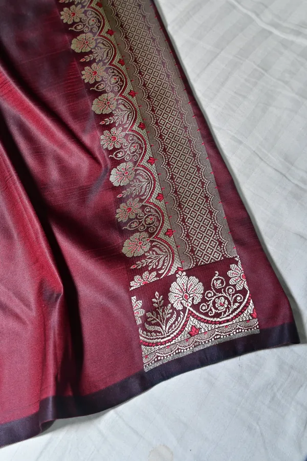 Premium_Deep_Wine_Katan_Banarasi_Silk_Saree_With_Silver_Zari_Floral_Buta_Traditional_Wedding_Festive_Wear