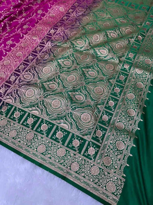 Vibrant_Rani_Pink_And_Deep_Purple_Silk_Banarasi_Saree_With_Multi_Color_Ganga_Jamuna_Border_And_Copper_Zari_Floral_Jaal