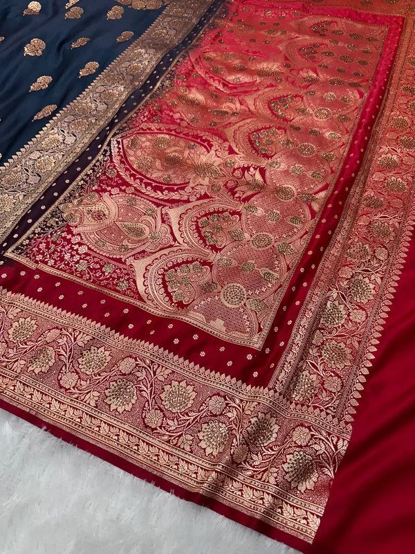 Ink_Blue_Pure_Silk_Banarasi_Saree_With_Majestic_Peacock_Flower_Jhumka_Motif_And_Copper_Zari_Ganga_Jamuna_Border
