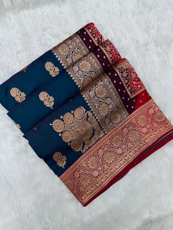 Ink_Blue_Pure_Silk_Banarasi_Saree_With_Majestic_Peacock_Flower_Jhumka_Motif_And_Copper_Zari_Ganga_Jamuna_Border