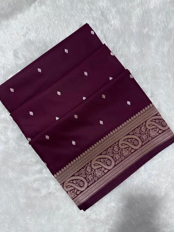 Deep_Wine_Katan_Silk_Banarasi_Saree_With_Traditional_Paisley_Border_And_Shimmering_Copper_Zari_Micro_Butis