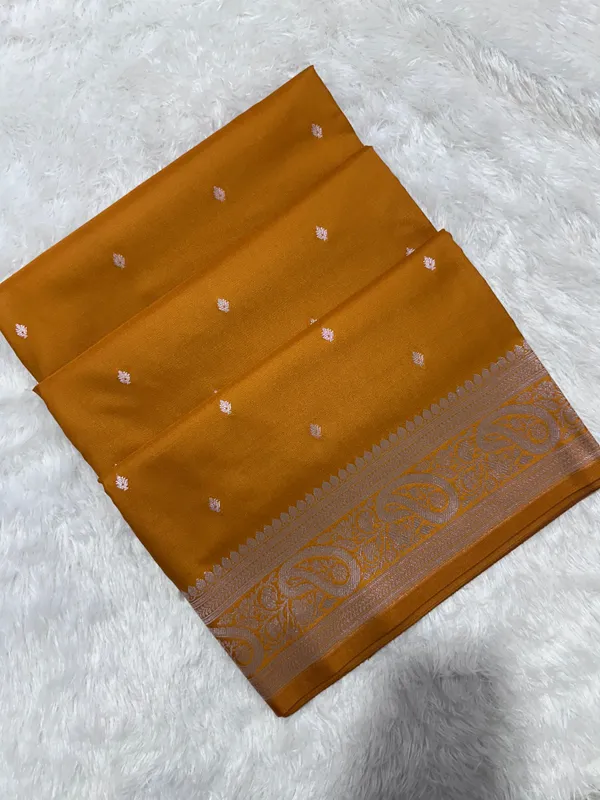 Mustard_Orange_Katan_Silk_Banarasi_Saree_With_Classic_Copper_Zari_Kalka_Bel_Border_And_Sleek_Micro_Butis