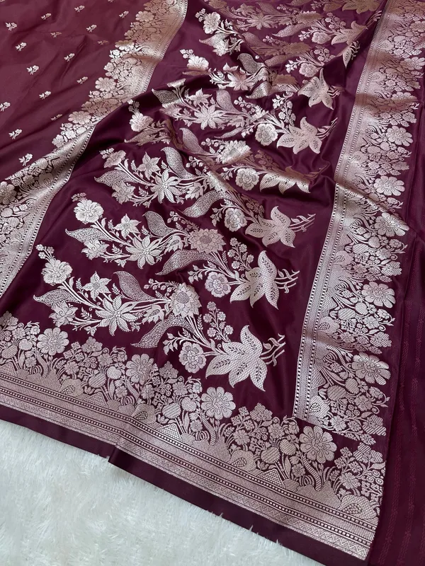 Deep_Wine_Katan_Silk_Banarasi_Saree_With_Fine_Antique_Copper_Zari_Arch_Bell_Jhallar_Border