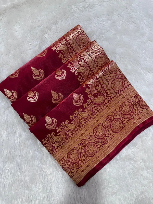Bridal_Maroon_Satin_Silk_Banarasi_Saree_With_Royal_Guldasta_Chakra_Border_And_Traditional_Chand_Panna_Butis