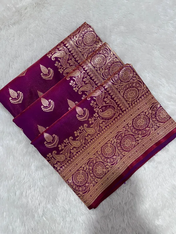 Deep_Wine_Satin_Silk_Banarasi_Saree_With_Royal_Guldasta_Chakra_Border_And_Traditional_Chand_Panna_Butis