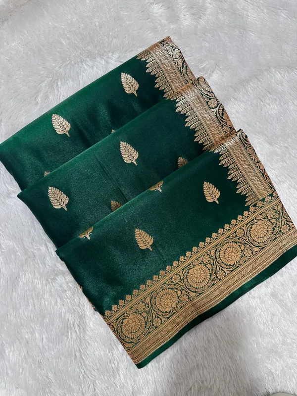 Classic_Bottle_Green_Satin_Silk_Banarasi_Saree_With_Royal_Guldasta_Chakra_Border_And_Bold_Gold_Panna_Butis