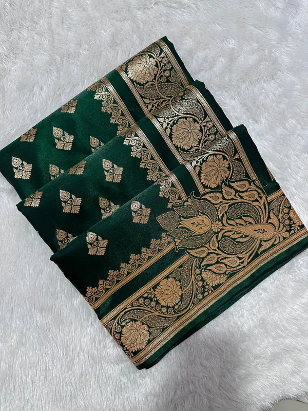 Bottle_Green_Satin_Silk_Banarasi_Saree_With_Royal_Meena_Floral_Border_And_Traditional_Diamond_Kalka_Butis