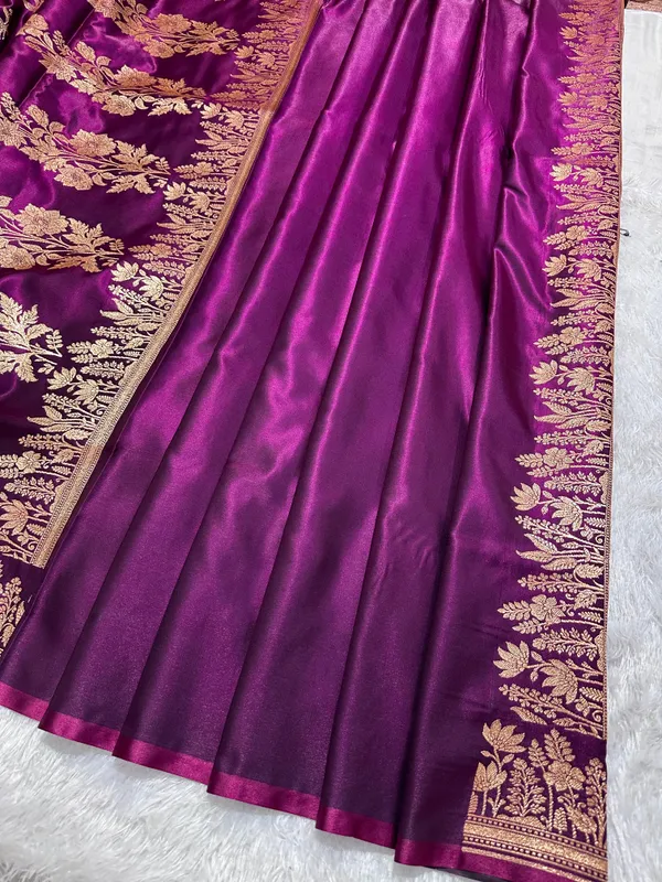 Deep_Wine_Satin_Silk_Banarasi_Saree_With_Elegant_Lotus_Bunch_Border_And_Floral_Vine_Butis