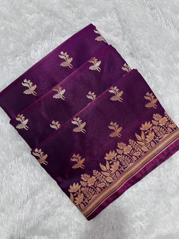 Deep_Wine_Satin_Silk_Banarasi_Saree_With_Elegant_Lotus_Bunch_Border_And_Floral_Vine_Butis