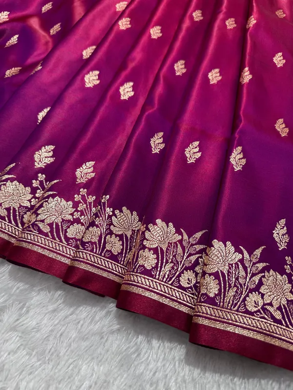 Wine_Satin_Silk_Banarasi_Saree_With_Delicate_Floral_Arch_Border_And_Bold_Gold_Panna_Butis