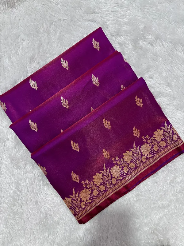 Wine_Satin_Silk_Banarasi_Saree_With_Delicate_Floral_Arch_Border_And_Bold_Gold_Panna_Butis
