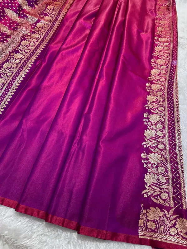 Wine_Satin_Silk_Banarasi_Saree_With_Delicate_Floral_Arch_Border_And_Bold_Gold_Panna_Butis