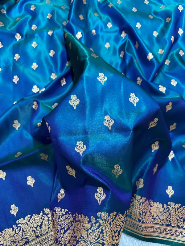 Royal_Peacock_Blue_Satin_Silk_Banarasi_Saree_With_Delicate_Floral_Arch_Border_And_Traditional_Kalka_Butis