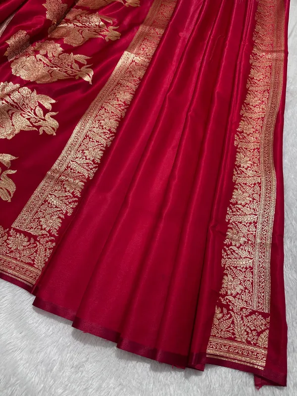 Elegant_Crimson_Red_Satin_Silk_Banarasi_Saree_With_Delicate_Floral_Arch_Border_And_Traditional_Kalka_Butis