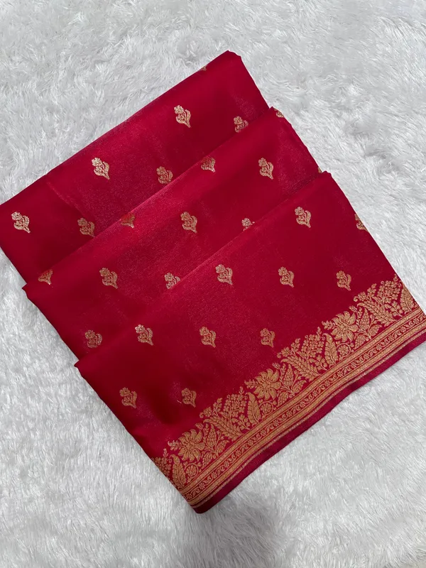 Elegant_Crimson_Red_Satin_Silk_Banarasi_Saree_With_Delicate_Floral_Arch_Border_And_Traditional_Kalka_Butis