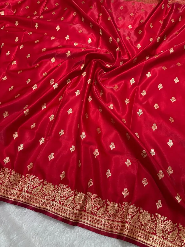 Elegant_Crimson_Red_Satin_Silk_Banarasi_Saree_With_Delicate_Floral_Arch_Border_And_Traditional_Kalka_Butis