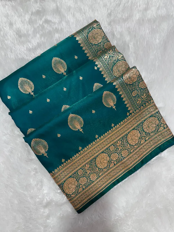 Elegant_Rama_Green_Satin_Silk_Banarasi_Saree_With_Royal_Meena_Floral_Border_And_Ornate_Peacock_Feather_Butis