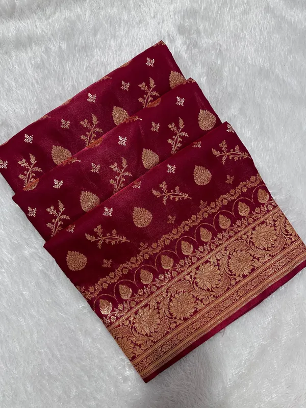Bridal_Maroon_Satin_Silk_Banarasi_Saree_With_Royal_Floral_Jhallar_Border_And_Traditional_Kalka_Floral_Sprig_Body_Work
