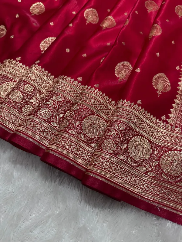 Elegant_Crimson_Red_Satin_Silk_Banarasi_Saree_With_Royal_Meena_Floral_Border_And_Ornate_Peacock_Feather_Butis