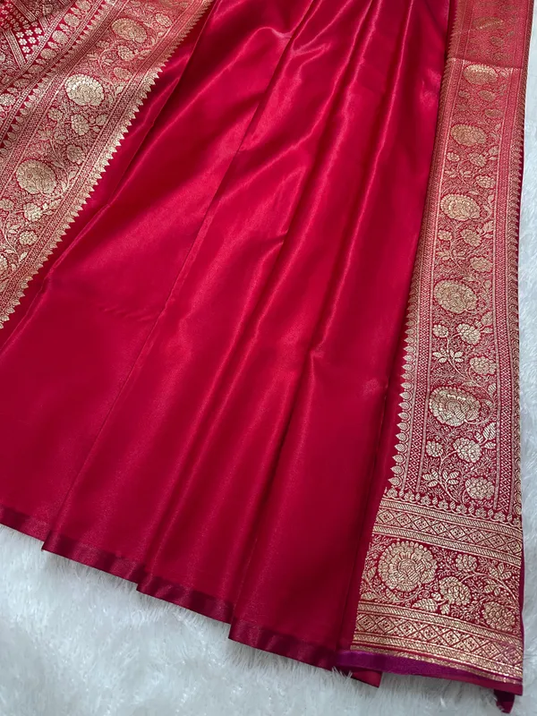 Elegant_Crimson_Red_Satin_Silk_Banarasi_Saree_With_Royal_Meena_Floral_Border_And_Ornate_Peacock_Feather_Butis