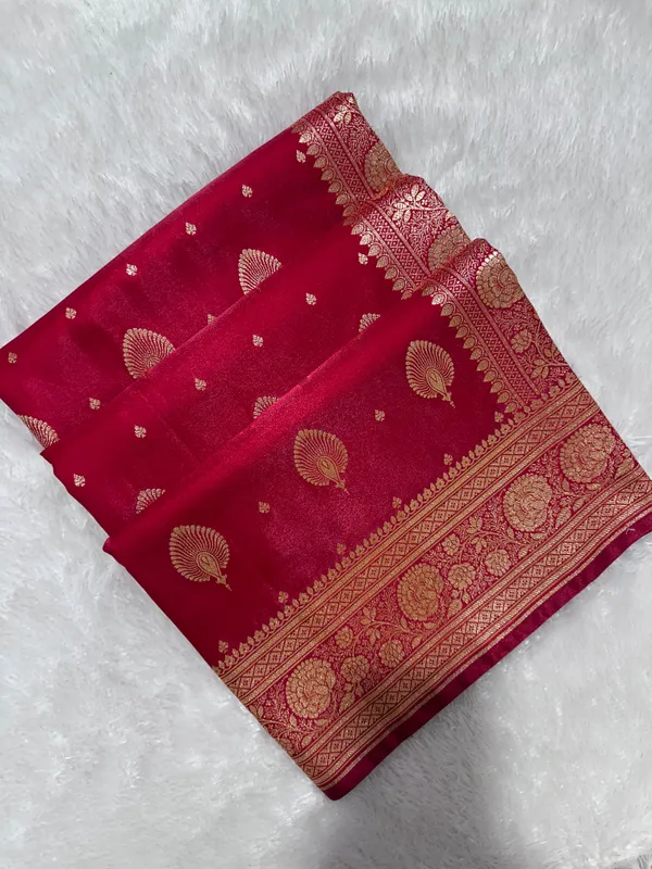 Elegant_Crimson_Red_Satin_Silk_Banarasi_Saree_With_Royal_Meena_Floral_Border_And_Ornate_Peacock_Feather_Butis