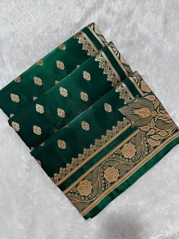Elegant_Bottle_Green_Satin_Silk_Banarasi_Saree_With_Royal_Meena_Floral_Border_And_Traditional_Diamond_Kalka_Butis