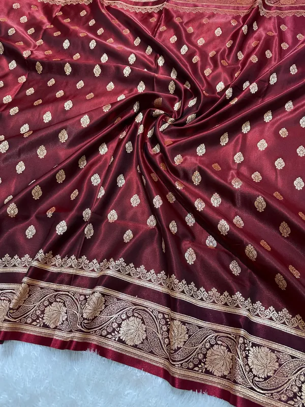 Bridal_Wine_Maroon_Satin_Silk_Banarasi_Saree_With_Royal_Meena_Floral_Border_And_Traditional_Diamond_Kalka_Butis