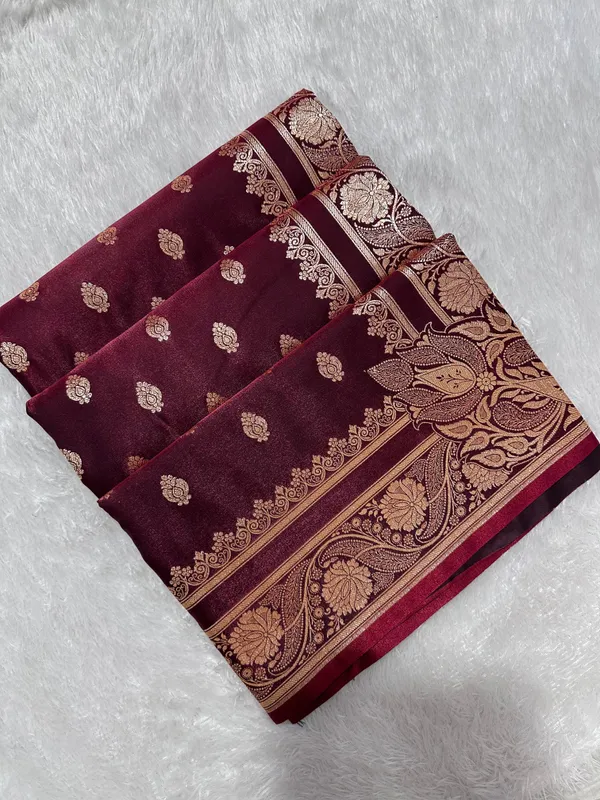 Bridal_Wine_Maroon_Satin_Silk_Banarasi_Saree_With_Royal_Meena_Floral_Border_And_Traditional_Diamond_Kalka_Butis