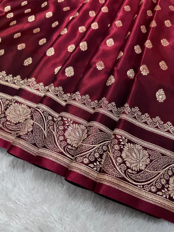 Bridal_Wine_Maroon_Satin_Silk_Banarasi_Saree_With_Royal_Meena_Floral_Border_And_Traditional_Diamond_Kalka_Butis