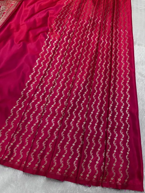 Rani_Pink_Katan_Silk_Banarasi_Saree_With_Royal_Meena_Floral_Border_And_Vertical_Wavy_Floral_Bel_Work