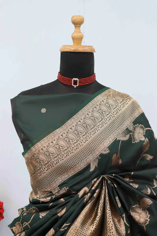 Dark_Green_Banarasi_Silk_Saree_With_Golden_Zari_Border