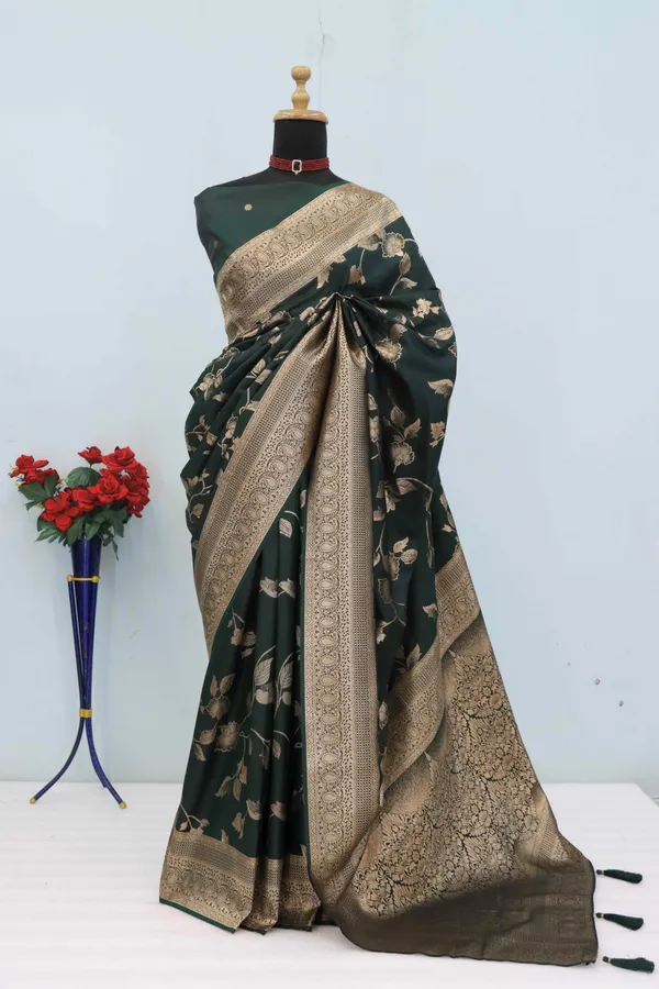 Dark_Green_Banarasi_Silk_Saree_With_Golden_Zari_Border