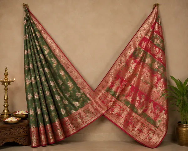 Bottle_Green_Banarasi_Silk_Saree_with_Rani_Pink_Rich_Meenakari_Zari_Pallu_&_Border