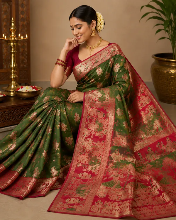 Bottle_Green_Banarasi_Silk_Saree_with_Rani_Pink_Rich_Meenakari_Zari_Pallu_&_Border